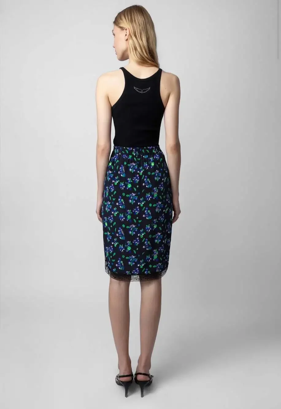 Zadig & Voltaire Jozy Floral Print Silk Skirt with Lace Trim size 42  L /XL new!